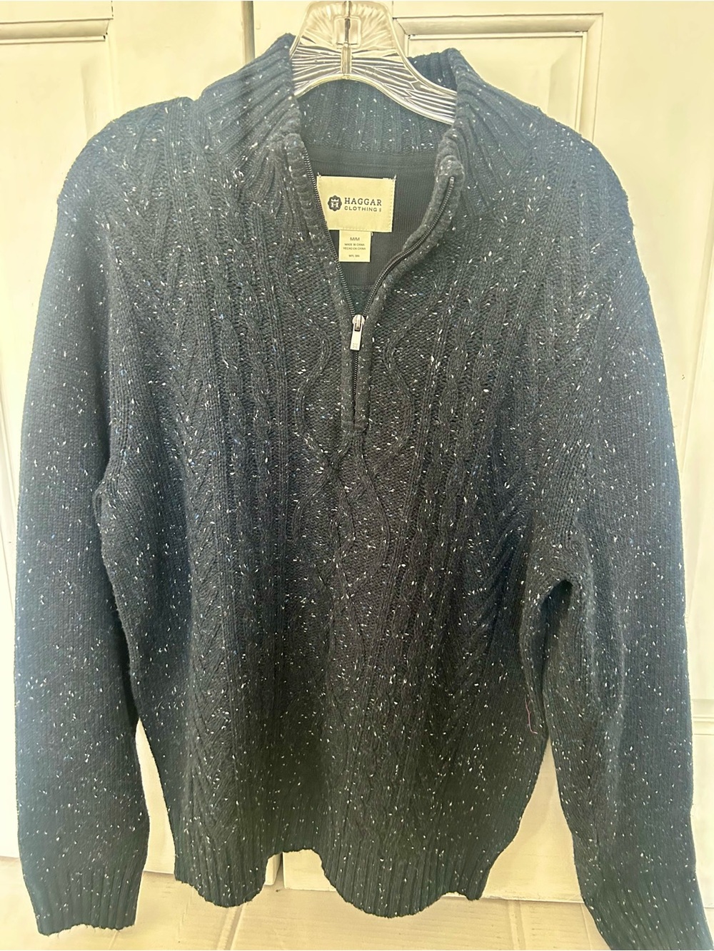 Haggar Navy Speckled Zip-Up Cable Knit Sweater